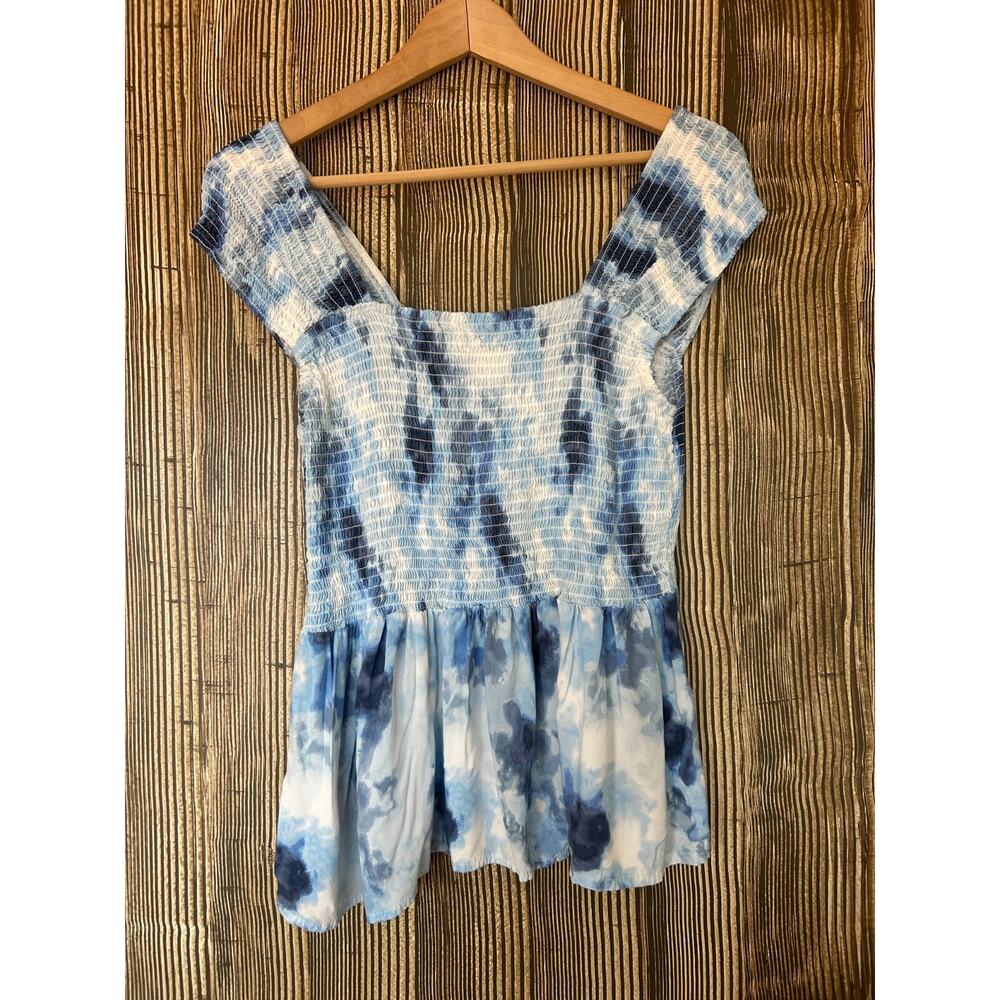 No Comment Smocked Babydoll Top Blue Tie Dye Smocked Boho Beach Festival Size 1X